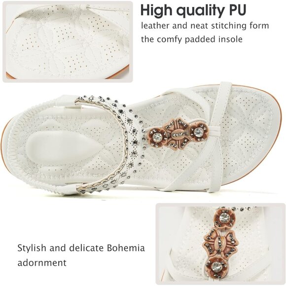 Womens White PU Leather Casual Beach Summer Jeweled Bohemian Flats Sandals - Picture 2 of 5
